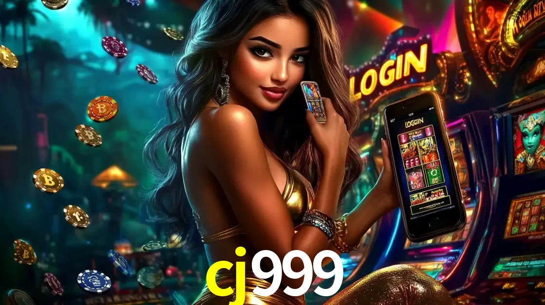 Mulher em um cenário de cassino temático de aventura, mostrando o app de caça-níqueis da cj999 no celular. Fichas de apostas flutuam ao redor.