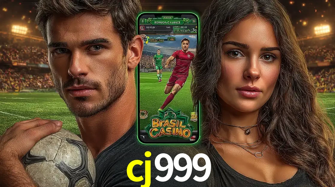 Homem segurando uma bola de futebol e uma mulher ao lado de um smartphone exibindo o jogo de apostas esportivas da cj999. Faça seu palpite no cassino online.